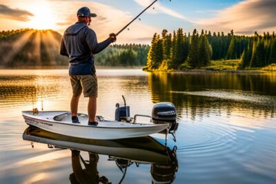 Pescador de pie en un bote lanzando la caña en un lago al amanecer, ilustración para los mejores senuelos artificiales pesca guia completa.