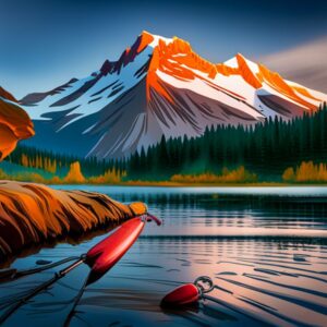 Señuelos rojos junto al borde de madera en un lago de montaña con picos nevados, evocando los mejores senuelos artificiales pescar salmon.