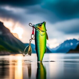 Señuelo verde con spinner flotando sobre un lago al atardecer, ideal entre los mejores senuelos para pesca con senuelos artificiales.