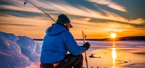 Pescador arrodillado en el hielo al atardecer junto a su caña y agujero, demostrando los mejores senuelos pesca hielo guia completa.