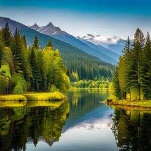 Lago de montaña tranquilo con bosque y reflejo en el agua que inspira los mejores spots pescar lucio aguas dulces