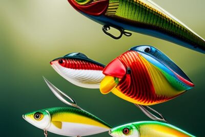 Conjunto colorido de peces artificiales y anzuelos diseñado como los senuelos efectivos atraer dorados.