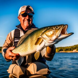 Pescador sosteniendo un gran robalo brillante usando los senuelos efectivos pesca robalos.