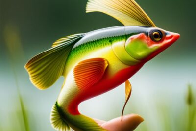 Lubina vibrante posada en la punta de una mano con fondo verde desenfocado