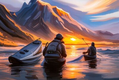 Pescadores en kayak sobre aguas tranquilas al atardecer frente a montañas, lubina desafiante guia experta pesca.