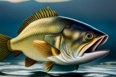 Lubina especie comun aguas calidas con aleta dorsal prominente y boca abierta sobre la superficie del agua.