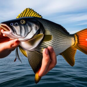 Lubina macho vs hembra diferencias y peculiaridades en primer plano, pez sostenido por manos sobre agua y cielo claro