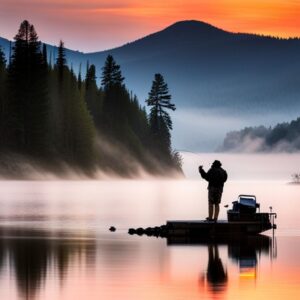 Pescador solitario en un muelle al amanecer entre niebla y pinos, lubina nocturna mejor opcion jornadas pesca.