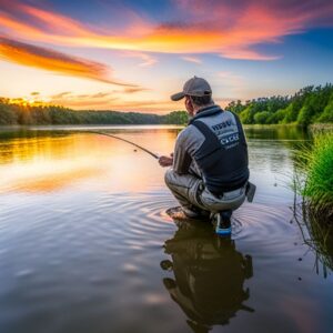 Pescador en la orilla de un río al atardecer practicando pesca que podría atraer a la lubina rios pais especie abundante.