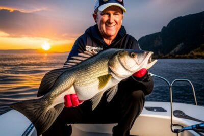Pescador sostiene una gran lubina en un barco al atardecer, demostrando lubinas resistentes clima