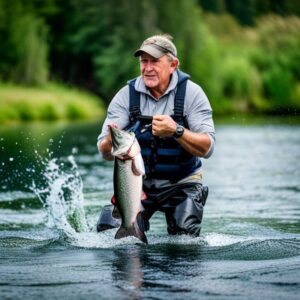 Pescador sostiene un gran salmón en el agua en uno de los lugares destacados pesca salmon senuelos artificiales.