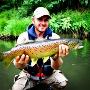 Pescador sosteniendo una gran trucha marrón en un río, ejemplificando lugares ideales pesca senuelos artificiales trucha marron.