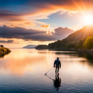 Pescador caminando en aguas poco profundas al amanecer con paisaje sereno, lugares pesca senuelos artificiales sargo.