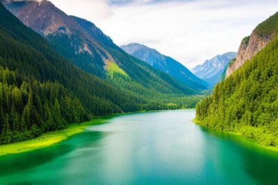 Lago alpino de aguas turquesa rodeado de bosques y montañas, lugares pescar truchas embarcacion