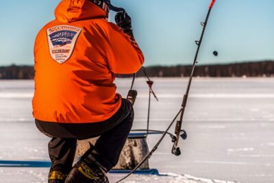 Pescador sentado sobre hielo con caña y chaqueta naranja, imagen que evoca consejos para manten tus manos calientes competicion pesca hielo.