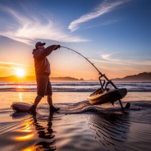 Pescador con caña y kayak en la orilla al atardecer, mantenimiento senuelos artificiales pesca