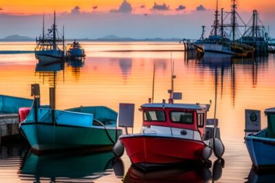 Barcos de pesca amarrados al amanecer en un puerto tranquilo que ilustran medidas proteger areas marinas vulnerables pesca comercial