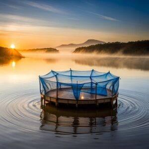 Jaula flotante circular con red azul en un lago al amanecer, medidas proteger especies acuicultura