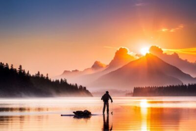 Silueta de pescador en un lago al amanecer con montañas y reflejos dorados, evocando medidas proteger especies peligro extincion pesca.