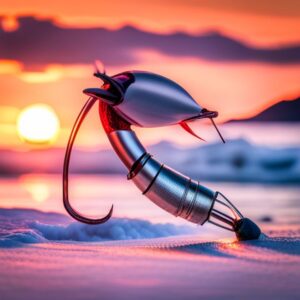 Mejor anzuelo pesca hielo en primer plano sobre nieve con un atardecer naranja de fondo.