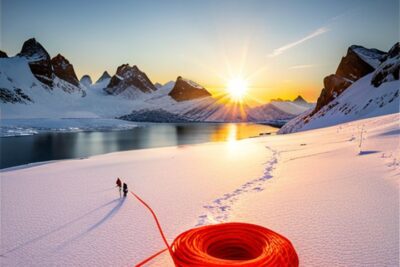 Cuerda enrollada roja sobre la nieve con dos personas al fondo en un lago helado al amanecer, mejor cuerda seguridad pesca hielo durabilidad garantizada