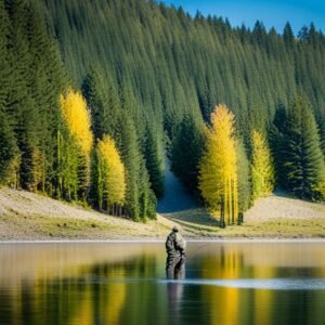 Pescador con caña y trucha en mano en un embalse rodeado de colores otoñales