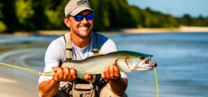 Pescador sonriente en la orilla mostrando su captura con el mejor hilo pesca pesca mosca agua salada guia