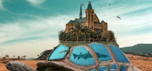 Tortuga gigante con acuario en el caparazón y un tiburón dentro, evocando mejor linea pesca mosca agua salada pescar tiburon