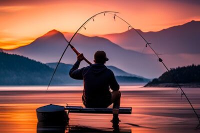 Silueta de un pescador en una plataforma al atardecer practicando la mejor tecnica pescar noche senuelos artificiales