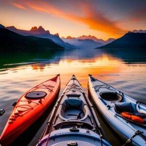Tres kayaks alineados en un lago al atardecer que inspiran mejora habilidad kayak pescar descubre y práctica segura.