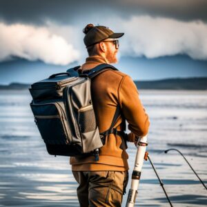 Pescador en la costa con mochila grande entre las mejores bolsas mochilas equipo pesca agua salada
