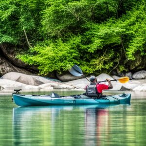 Persona en kayak de pesca remando en agua tranquila junto a rocas y bosque, mejores destinos pesca kayak laborables fines semana