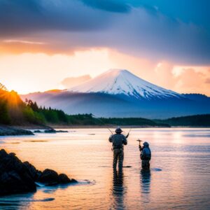 Dos pescadores en waders lanzando con cañas de mosca en aguas saladas poco profundas ante un monte nevado al amanecer, imagen de mejores destinos pesca mosca agua salada japon