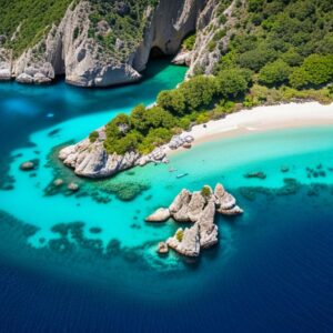 Cala de aguas turquesas y acantilados con playa de arena blanca evocando mejores destinos pesca mosca agua salada turquia