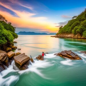 Pescador solitario con camiseta roja lanzando mosca desde rocas en aguas turquesa al atardecer, mejores destinos pesca mosca costa rica encuentra lugares