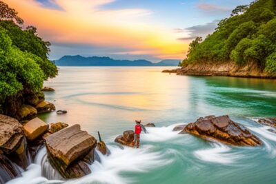 Pescador solitario con camiseta roja lanzando mosca desde rocas en aguas turquesa al atardecer, mejores destinos pesca mosca costa rica encuentra lugares