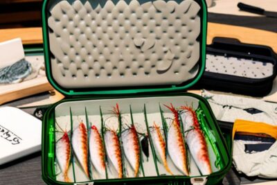 Estuche verde abierto con moscas imitación camarón alineadas en espuma, mejores estuches moscas pesca agua salada guia completa.
