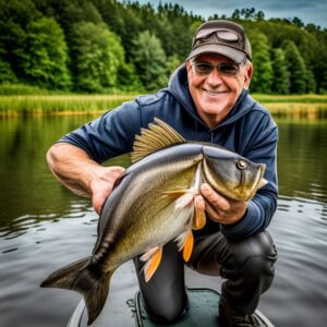 Pescador sonriente en un bote sosteniendo un pez grande en un lago tranquilo mejores lagos pescar senuelos artificiales pez gato