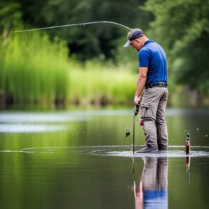 Hombre vadeando y pescando con caña en un estanque tranquilo, ejemplo de mejores lugares pescar senuelos artificiales estanques