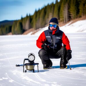 Pescador agachado sobre un lago helado junto a equipo portátil de pesca, ideal para mejores marcas equipos pesca hielo.