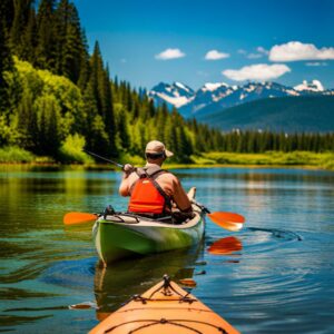 Persona sentada en un kayak de pesca en un lago rodeado de pinos y montañas mejores marcas kayaks pesca guia completa