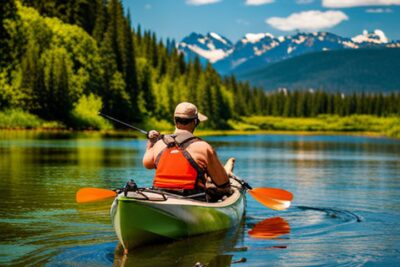 Persona sentada en un kayak de pesca en un lago rodeado de pinos y montañas mejores marcas kayaks pesca guia completa
