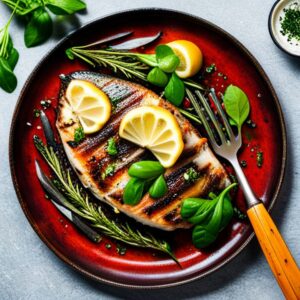 Filete de pescado a la parrilla con marcas de grill, rodajas de limón y hierbas verdes, perfecto para mejores recetas pescado parrilla pesca hielo.