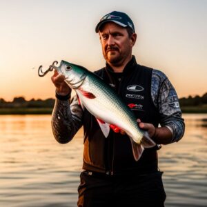 Pescador sostiene un swimbait grande sobre el agua al atardecer, mejores senuelos artificiales pesca nocturna