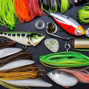 Surtido colorido de señuelos, crankbaits y faldas de goma que muestra los mejores senuelos atrapar bass guia consejos