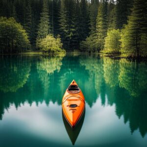 Kayak naranja solitario en un lago turquesa rodeado de bosque reflejado, ideal para explorar mejores ubicaciones pescar kayak consejos recomendaciones.