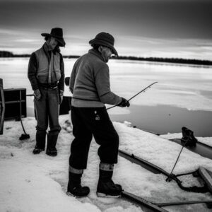 Dos pescadores en la orilla de un lago congelado practicando pesca en hielo, museos pesca hielo descubre legado congelado.