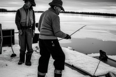Dos pescadores en la orilla de un lago congelado practicando pesca en hielo, museos pesca hielo descubre legado congelado.
