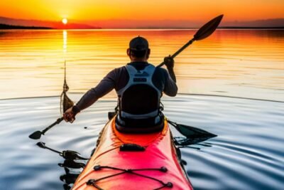 Un kayakista pescador sosteniendo un trofeo de pesca