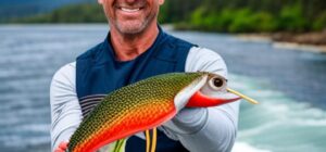 Pescador en bote mostrando un nudo para mosca en agua salada mientras sostiene un señuelo brillante